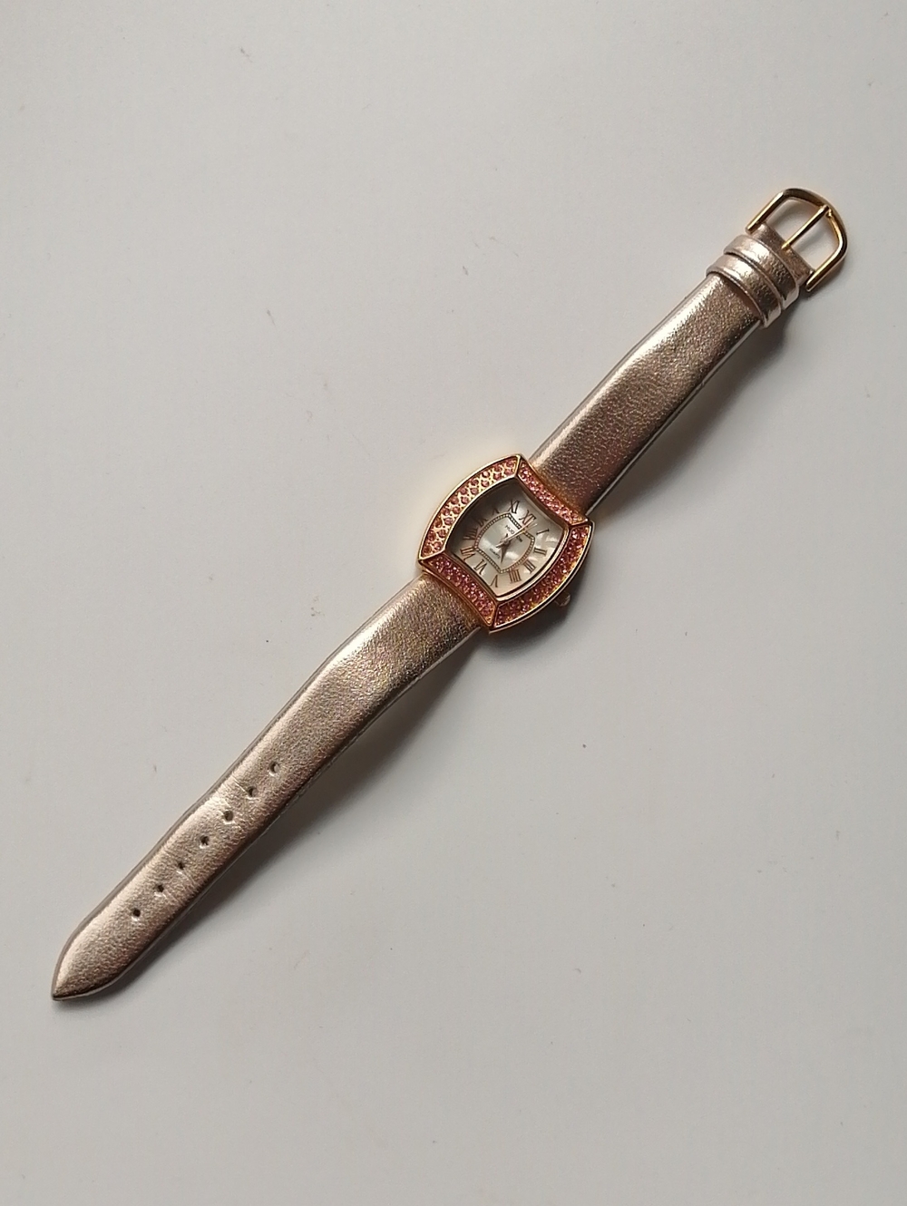 Hudson Analog Wristwatch Goldtone Tonneau Case Pink Crystal Genuine Leather Band - Picture 3 of 8